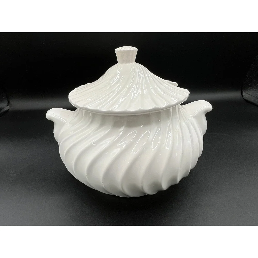 Vintage Ceramic White Swirl Gravy Soup Tureen-‎ As Is- Small Chip No Ladle